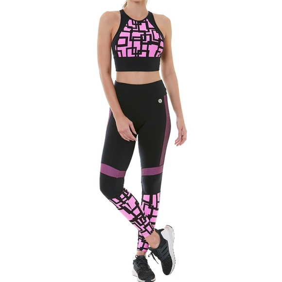 Black and Pink Geometric Women's Leggings - Picture 3 of 6